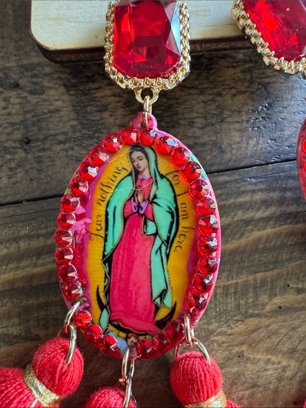 Our Lady Red Tassel Statement Earrings - Picture 2 of 4